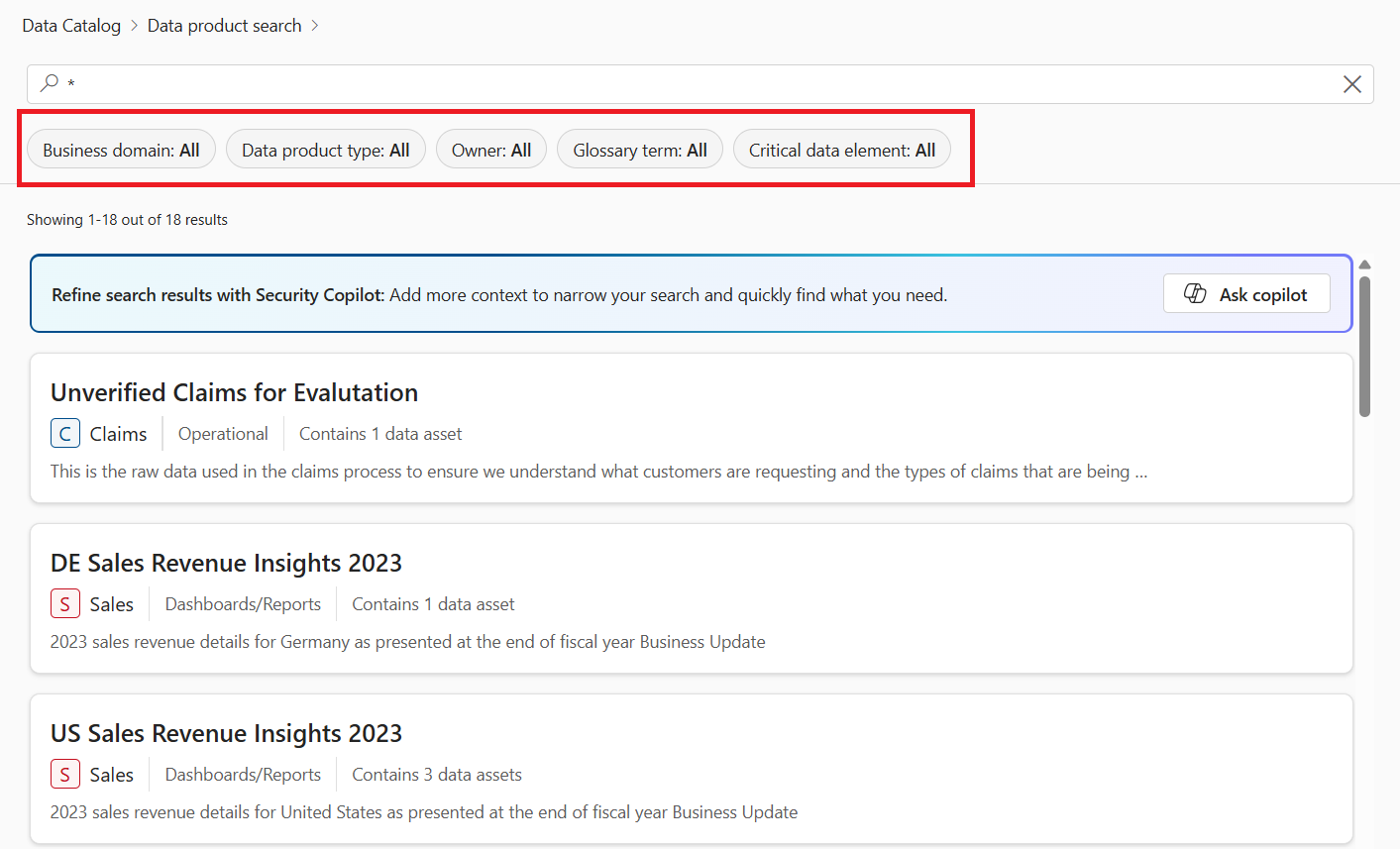 Screenshot of the data products page in the Microsoft Purview Data Catalog.