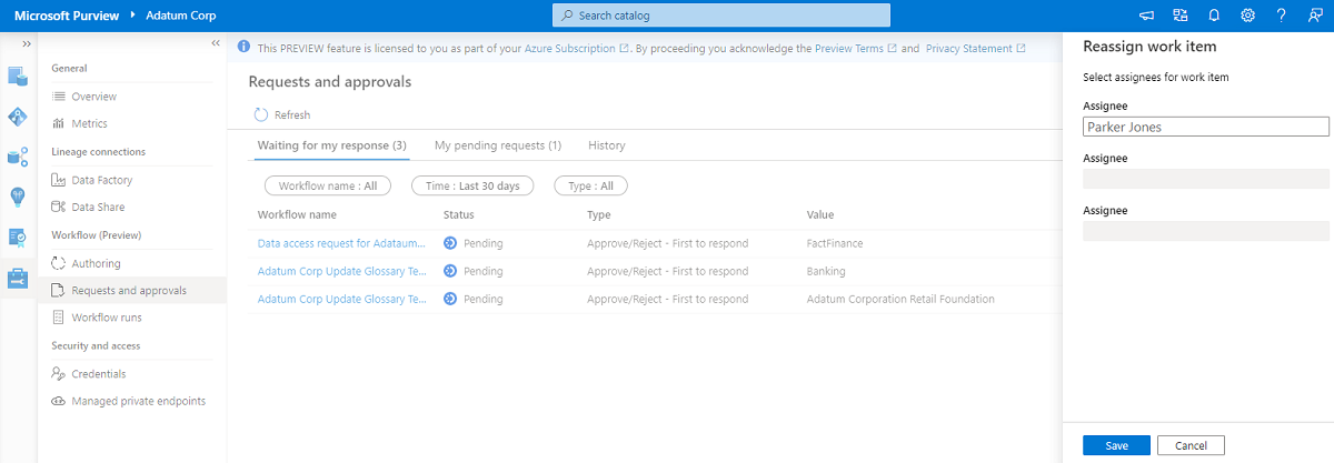 選択した要求と再割り当てされたユーザーを示すスクリーンショット。