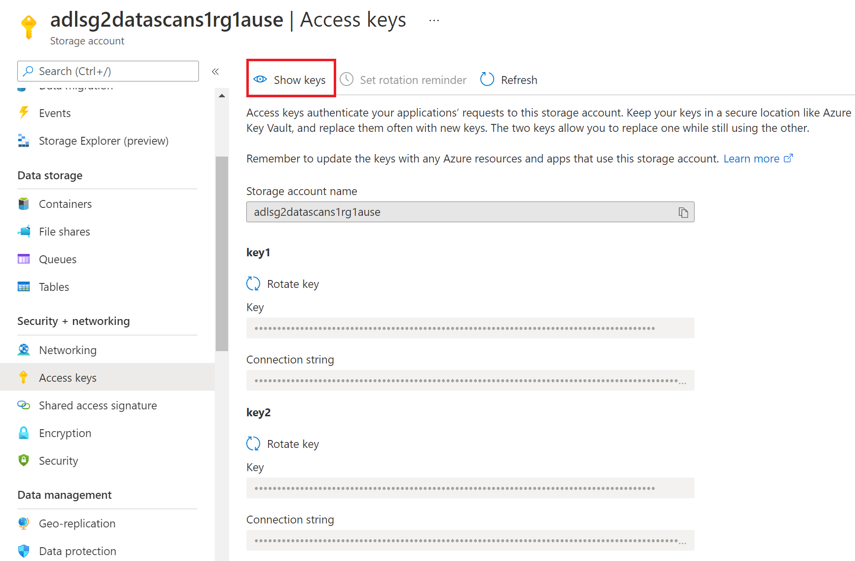 ストレージ アカウントのアクセス キーを示すスクリーンショット