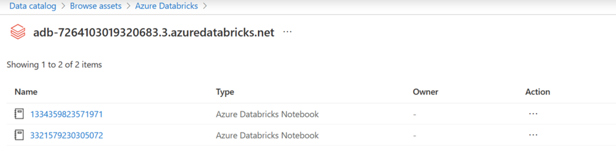 関連付けられているAzure Databricks Unity Catalog ワークスペース資産に存在するノートブックの参照のスクリーンショット。