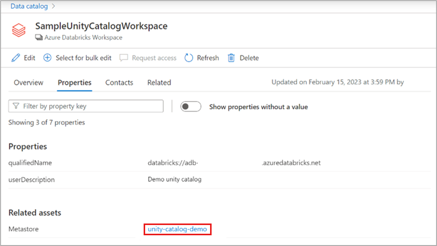 Databricks ソースに関連付けられているUnity カタログAzure見つけるスクリーンショット。