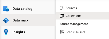 Microsoft Purview ガバナンス ポータルの左側のメニューのスクリーンショット。[データ マップ] タブが選択され、[コレクション] タブが選択されます。