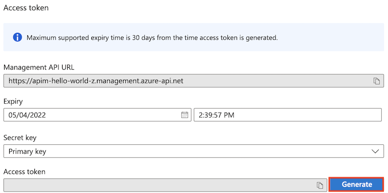 Azure portal API Management REST API のアクセス トークンを生成する