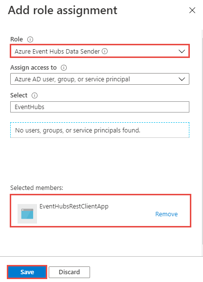 Azure Event Hubs データ送信者ロールへのアプリの追加を示すスクリーンショット。