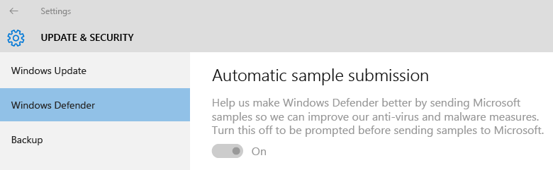 Windows Defender - 自動サンプル送信