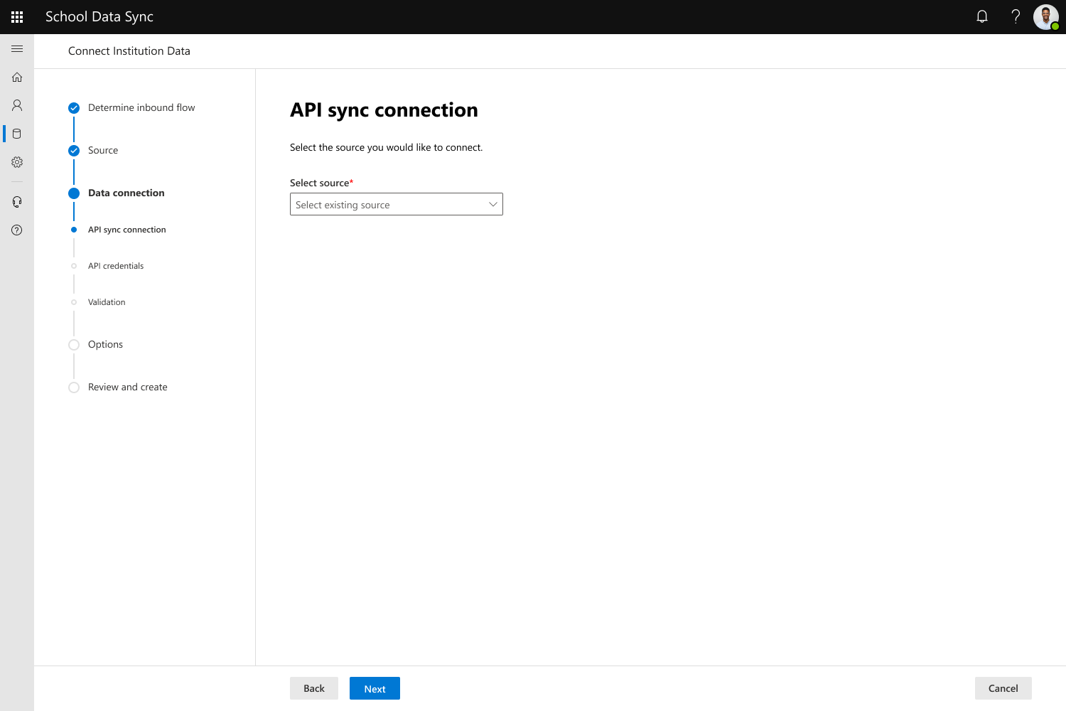 API から同じ API へのドロップダウンから既存のソースを選択するを示すスクリーンショット。