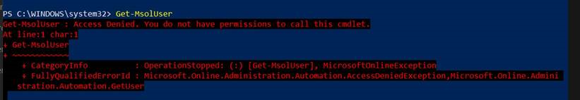 ユーザーが MSOL コマンドレットを呼び出そうとしたときにエラーが発生します。