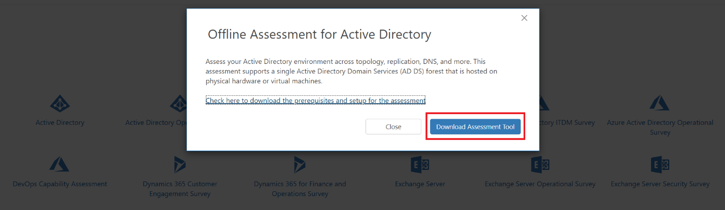 [評価ツールのダウンロード] ボタンを強調表示している [Active Directory のオフライン評価] ダイアログ ボックス。