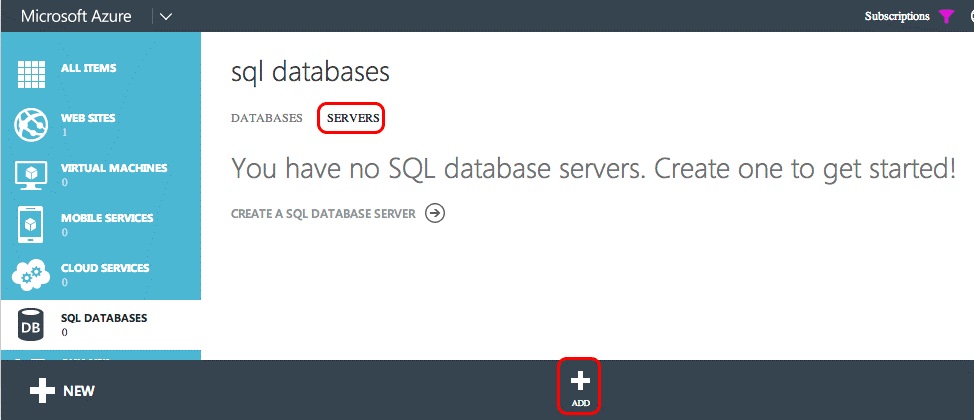Azure SQL Database の [追加] ボタン