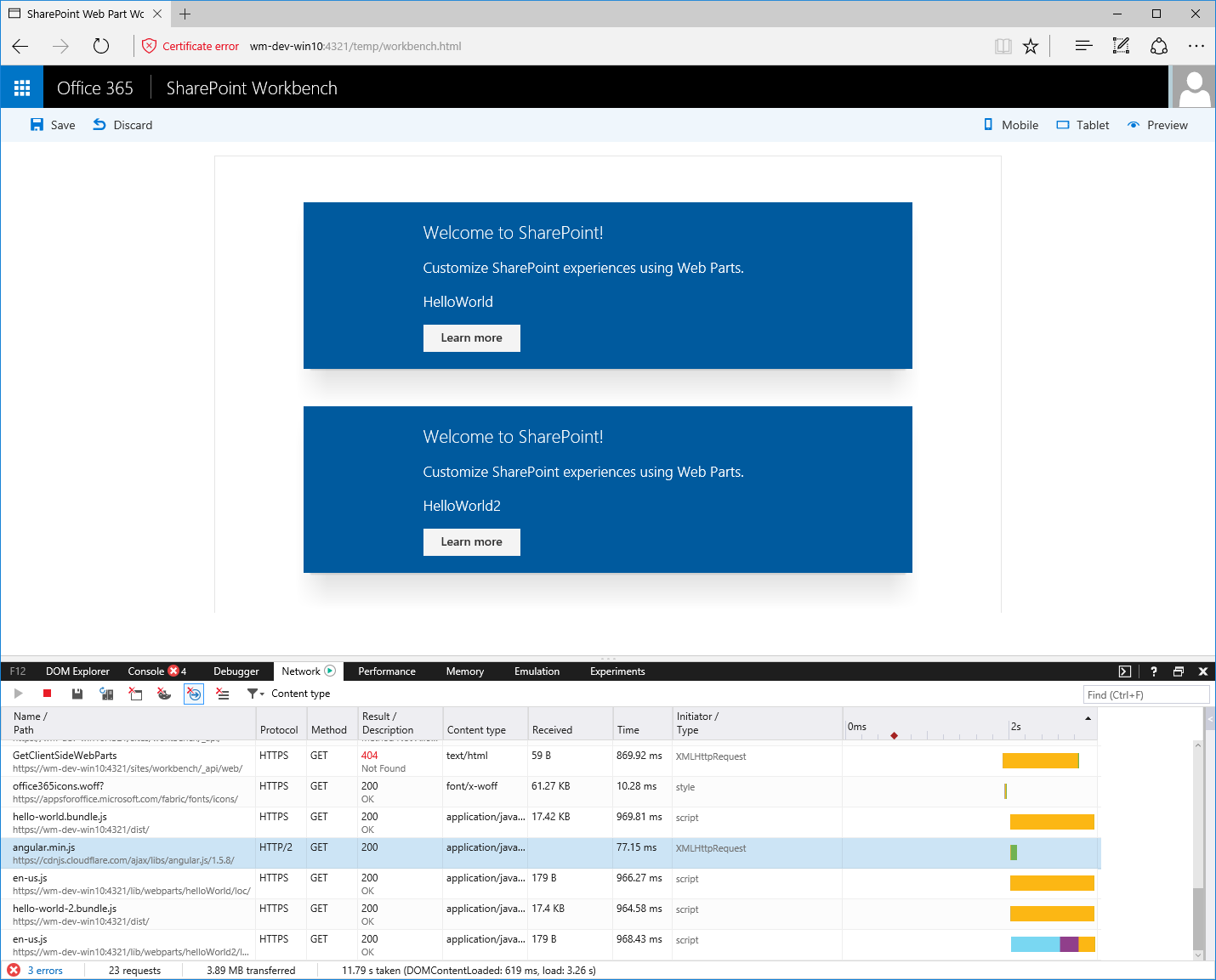 Web パーツが 2 つあるページに対して、開発者ツールで強調表示されている Angular