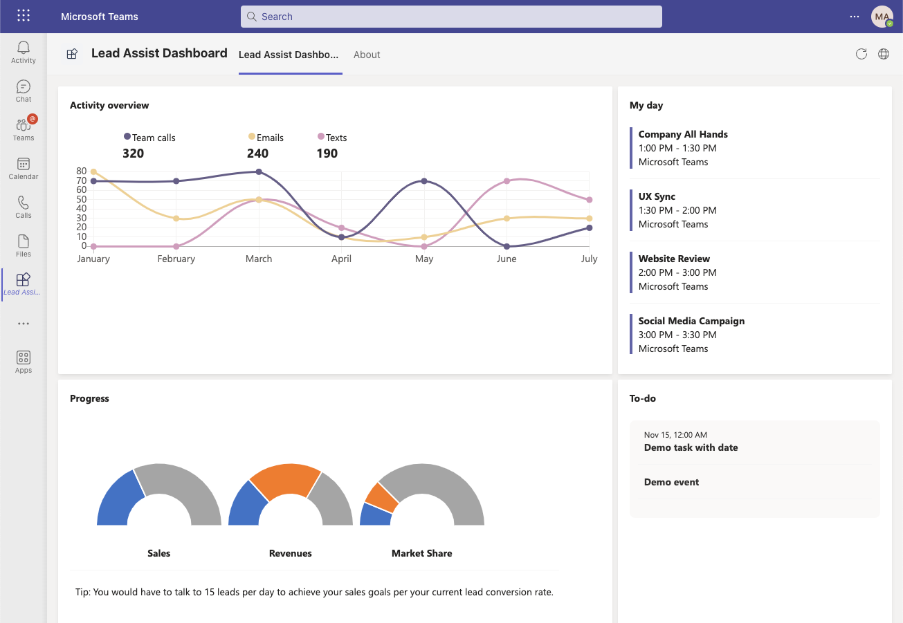 Microsoft Teams サンプル アプリ - リード アシスト ダッシュボード