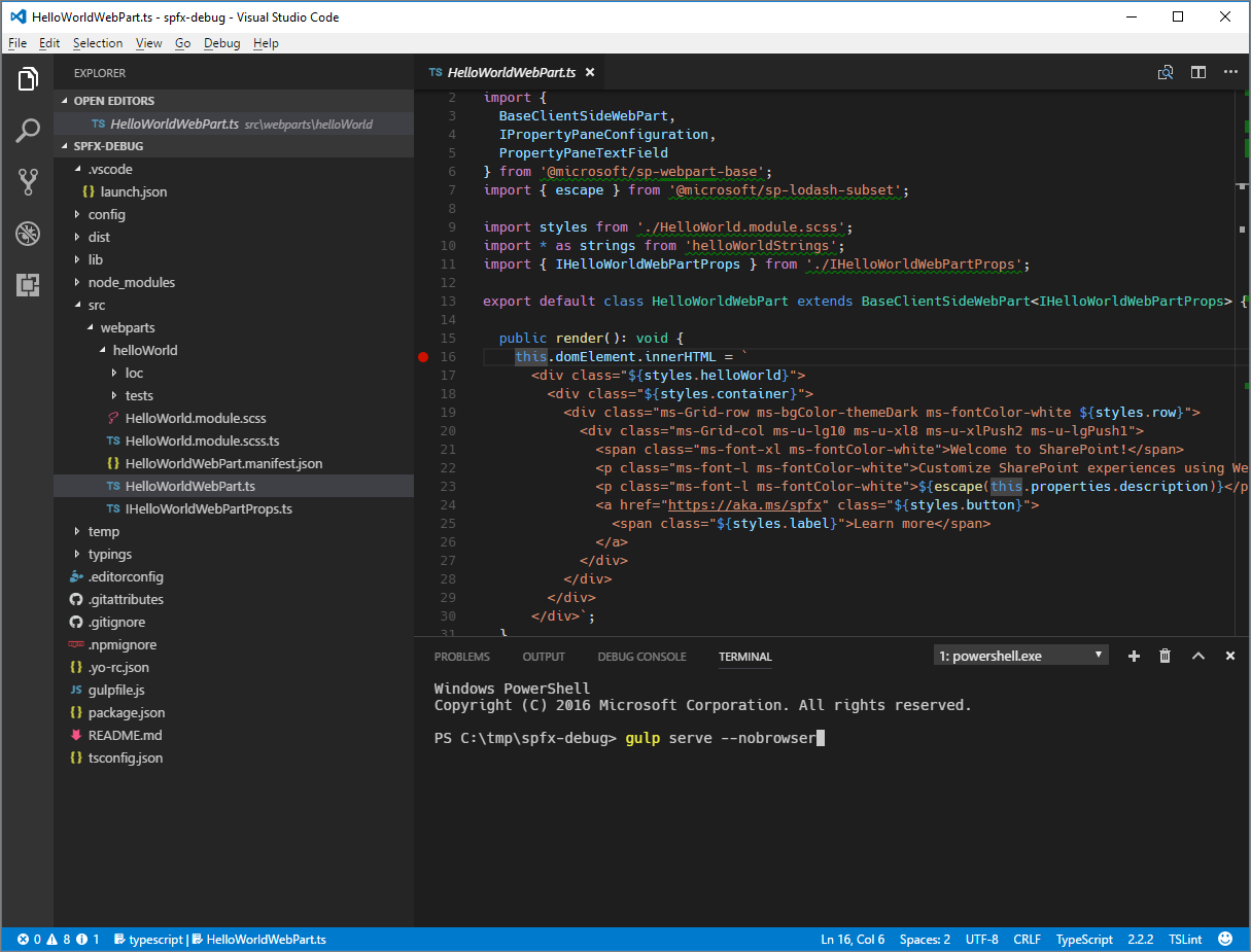 Visual Studio Code の統合ターミナルに入力された gulp serve コマンド