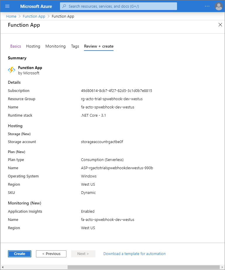 Azure 関数アプリ確認ページ