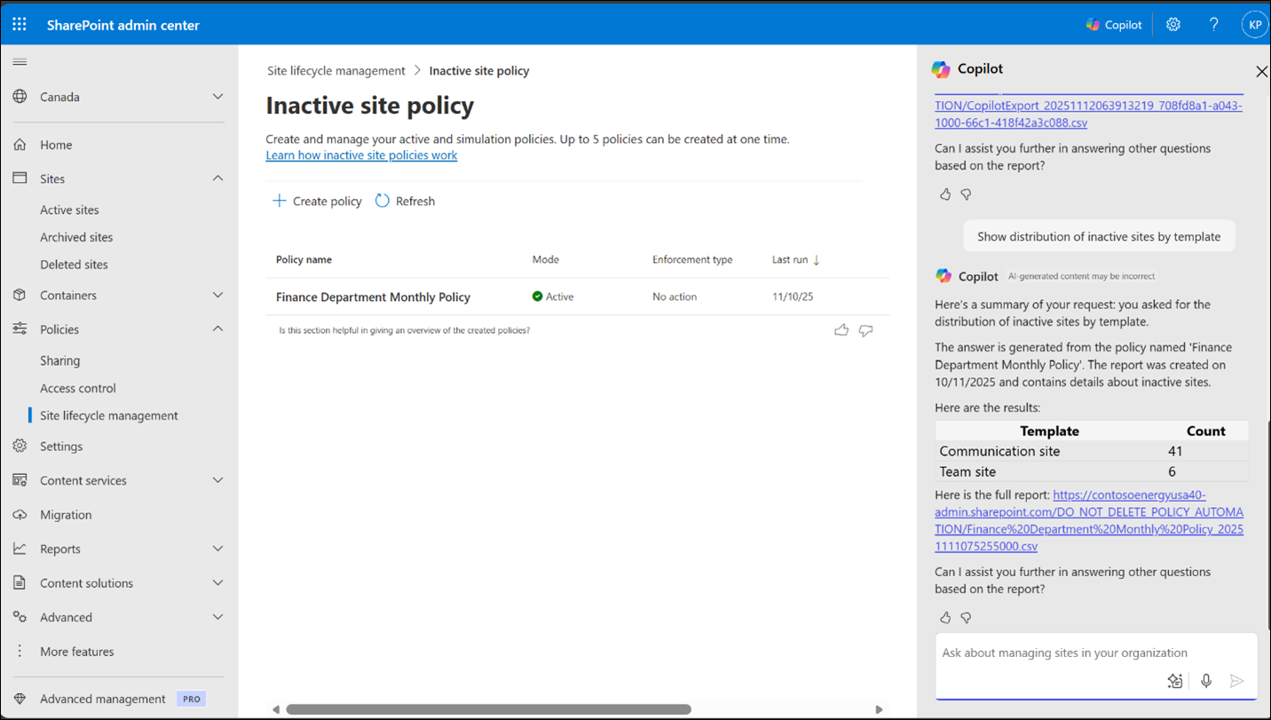 SharePoint 管理エージェントは、サイトのライフサイクルを分析し、テンプレート別に非アクティブなサイトの一覧を提供します。