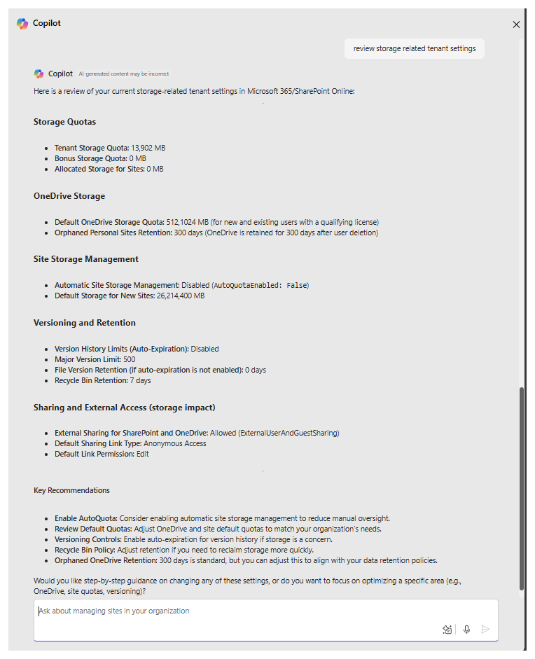 SharePoint 管理エージェントは、SharePoint ストレージ設定の概要と最適化に関する推奨事項を提供します。