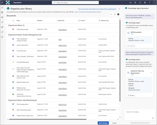 チャット ボックスのビューの概要を示すドキュメント ライブラリのスクリーンショット。