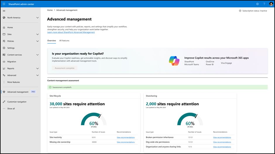 左側の影響を受けたサイトの評価結果と右側のレポート結果パネルを示す SharePoint 高度な管理 コンテンツ管理評価ダッシュボードのスクリーンショット。