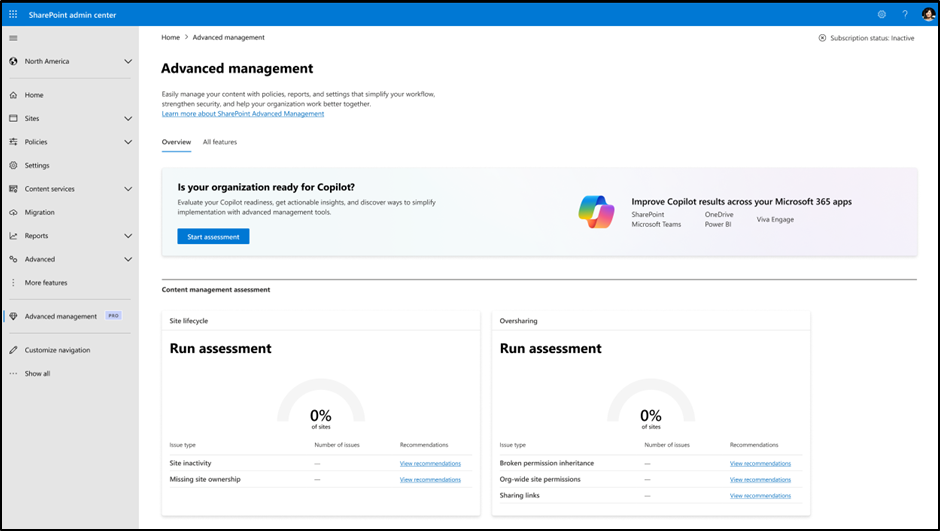 [評価の開始] ボタンを示す SharePoint 高度な管理 コンテンツ管理評価ダッシュボードのスクリーンショット。