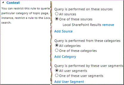SharePoint Server 2013 の [クエリ ルールの追加] ページの [コンテキスト] セクション