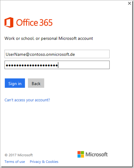 Microsoft アカウントのアカウント名とパスワードを入力するためのサインイン ダイアログのスクリーンショット。