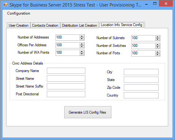 [Location Info Service Config] タブを表示している User Provisioning Tool。