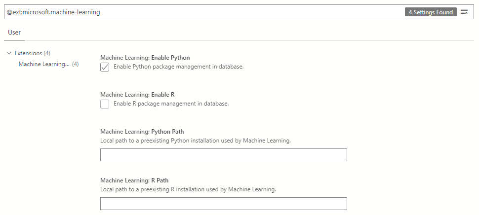 Machine Learning extension settings