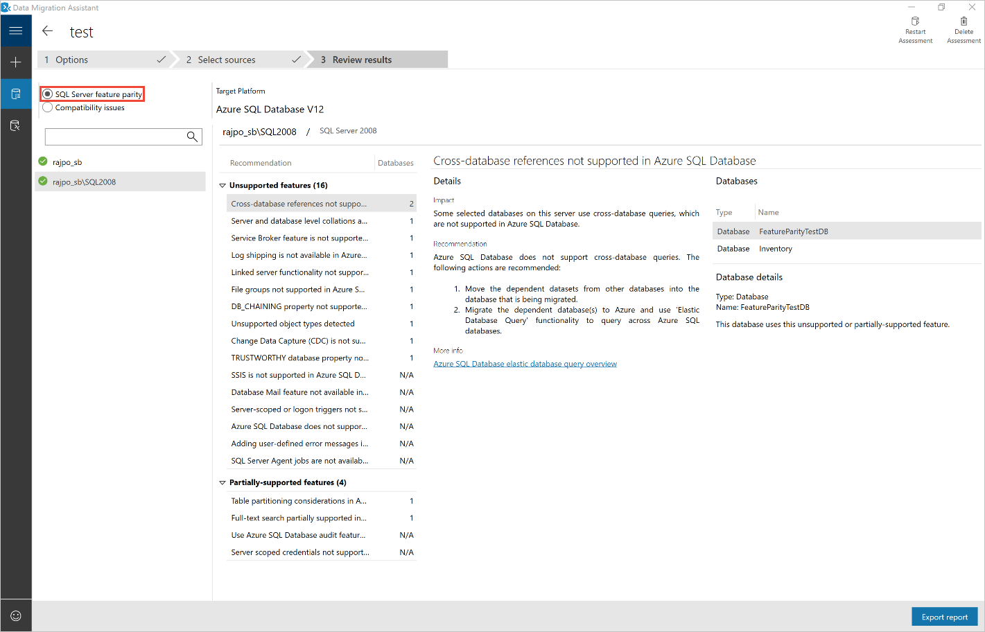 View information for SQL Server feature parity