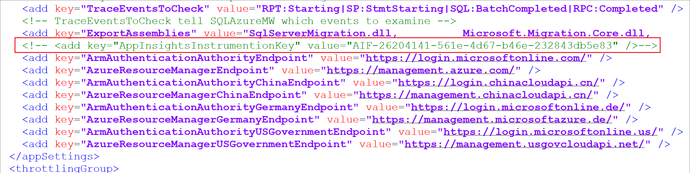 テレメトリを無効にするために変更する Dma.exe.config ファイル