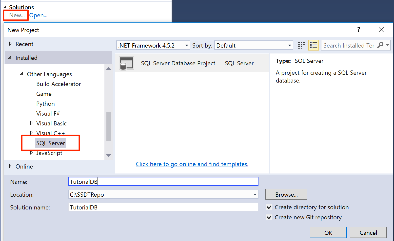 [新規] オプションと [SQL Server] オプションを枠線で囲んだ [ソリューション] セクションのスクリーンショット。