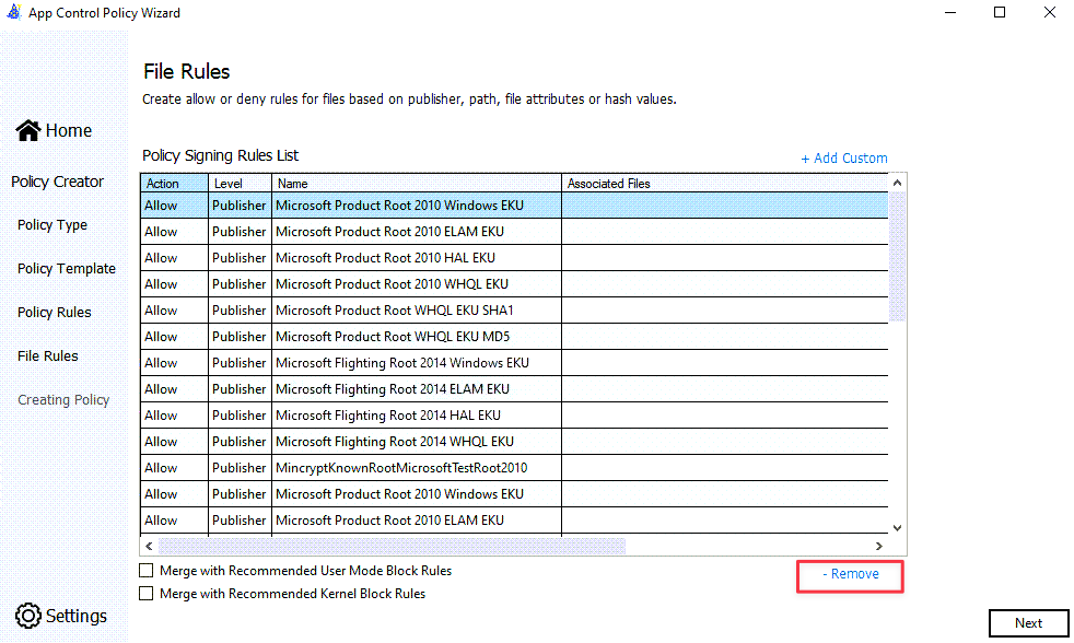 WDAC ファイル ルール画面のスクリーンショット。