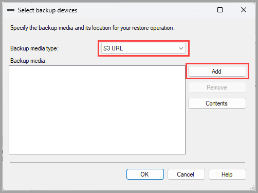 [バックアップデバイスの追加] 画面のスクリーンショット。