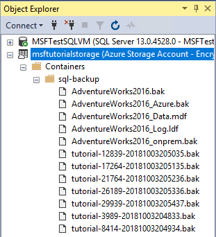 A screenshot from Object Explorer in SSMS with multiple snapshots in Azure Container.