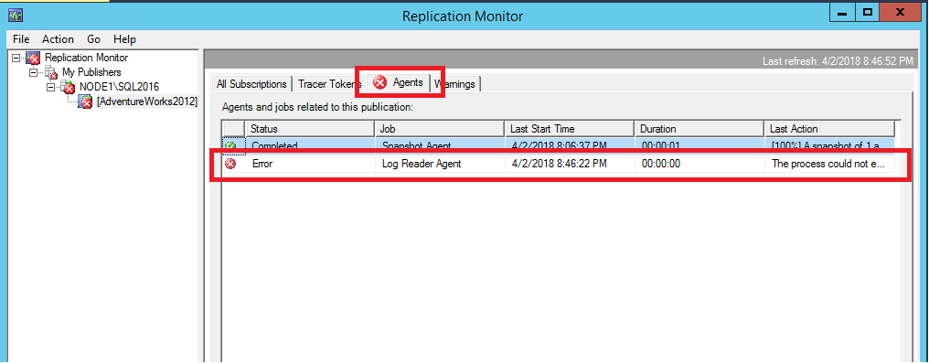 レプリケーション モニターで失敗したログ リーダー エージェントの赤い X 印のスクリーンショット。