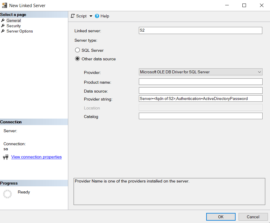 Screenshot of creating linked server with password authentication