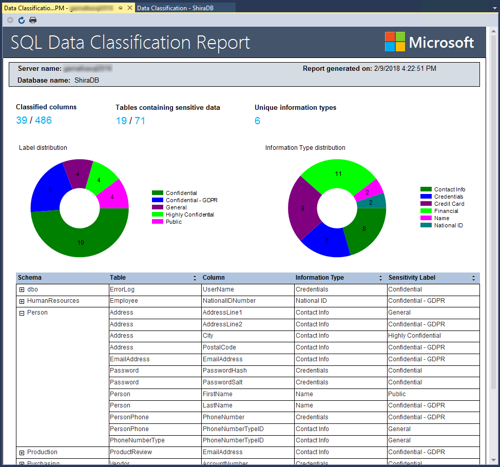 SQL データ分類レポートを示すスクリーンショット。