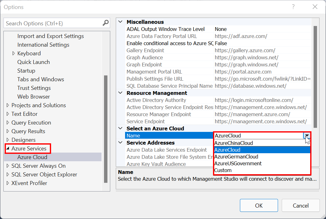 SSMS での Azure クラウドの種類の選択のスクリーンショット