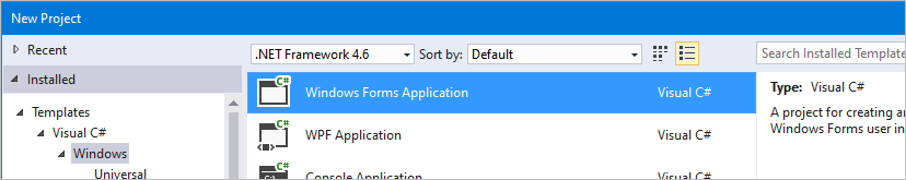 新しい Windows フォーム アプリケーションを強調表示した Visual Studio のスクリーンショット。