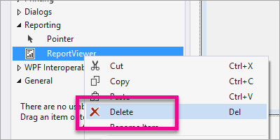 ReportViewer コントロールの削除を強調表示した Visual Studio ツールボックスのスクリーンショット。
