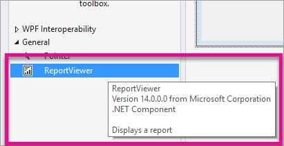 Visual Studio ツールボックスの新しい ReportViewer コントロールのスクリーンショット。