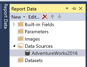 Screenshot of the Report Data pane that highlights the AdventureWorks2016 data source.