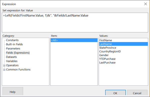 Screenshot that shows how to add a LastName value to an expression.