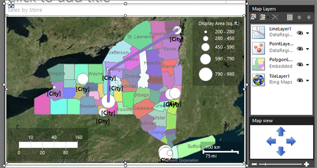 Report Builder マップに追加された Bing地図 の航空写真 タイル レイヤーを示すスクリーンショット。