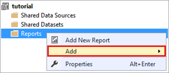 Screenshot of the Solution Explorer with the Add option selected on the Reports context menu.