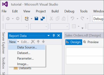 Screenshot of the Report Data pane with the Data Source option highlighted in the New menu.