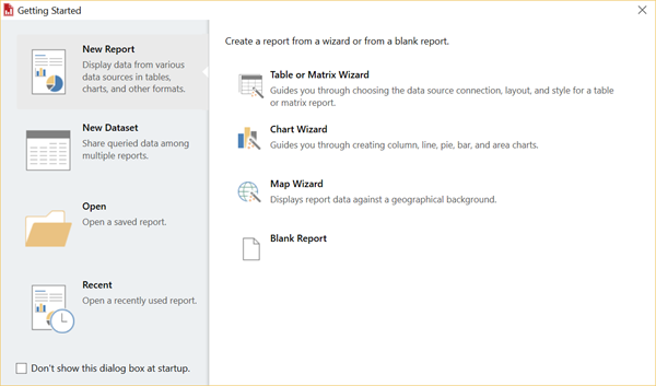 Screenshot of the Report Builder Get Started dialog.