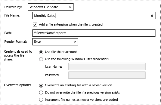 Screenshot of the settings for a file share subscription.