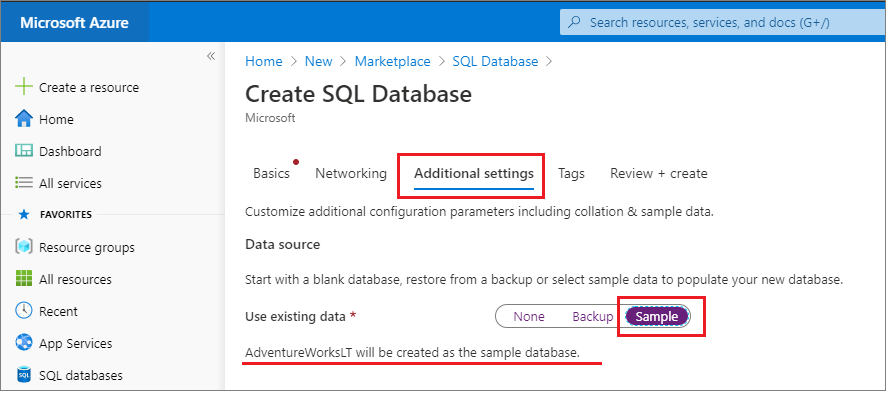 Azure SQL Database の作成時に、Azure portal の [追加設定] タブでデータ ソースとして [サンプル] を選択する