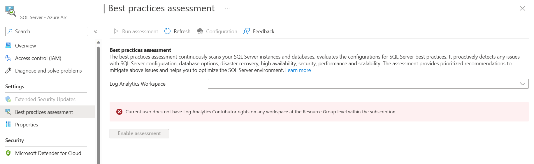 Log Analytics ワークスペース セレクター ドロップダウンに値が表示されない場合のエラー メッセージを示すスクリーンショット。