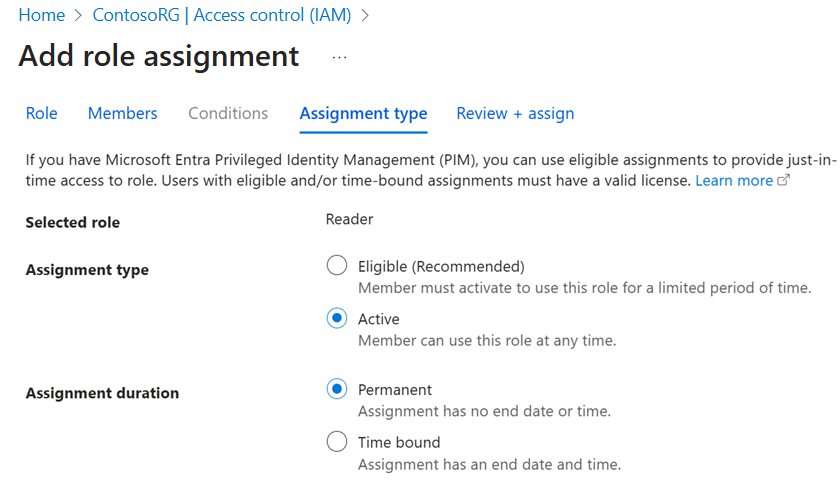 Azure portal の [割り当ての種類] タブで、[割り当ての種類] を [アクティブ] に設定し、[割り当て期間] を [永続的] に設定するスクリーンショット。