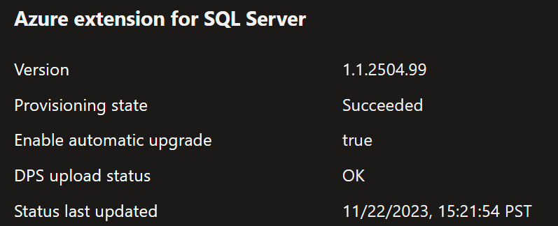 正常な状態の SQL Server 用 Azure 拡張機能のポータルのスクリーンショット。